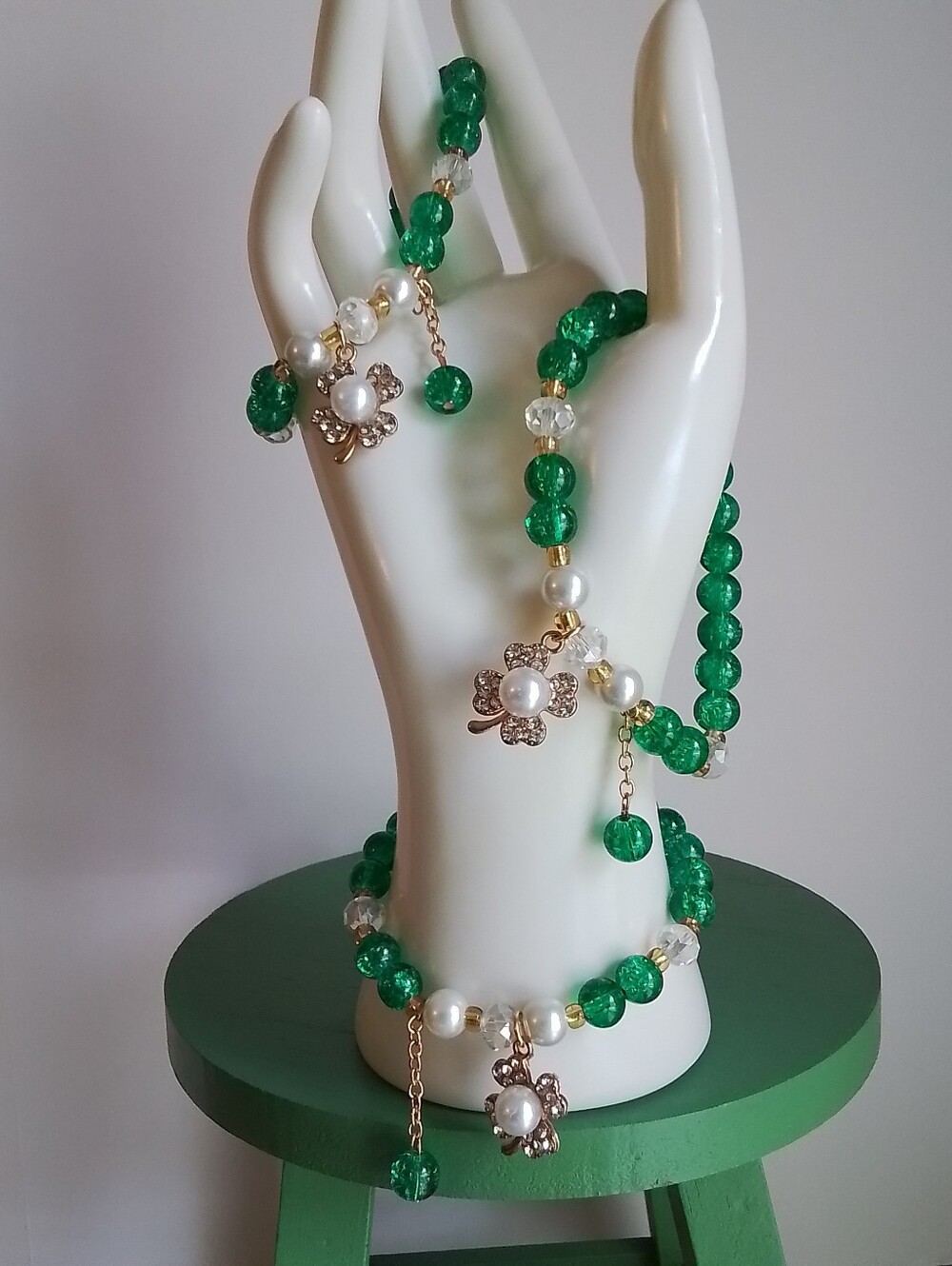 Emerald Green Beaded Pearl Clover Charm Bracelets - Set Of 3